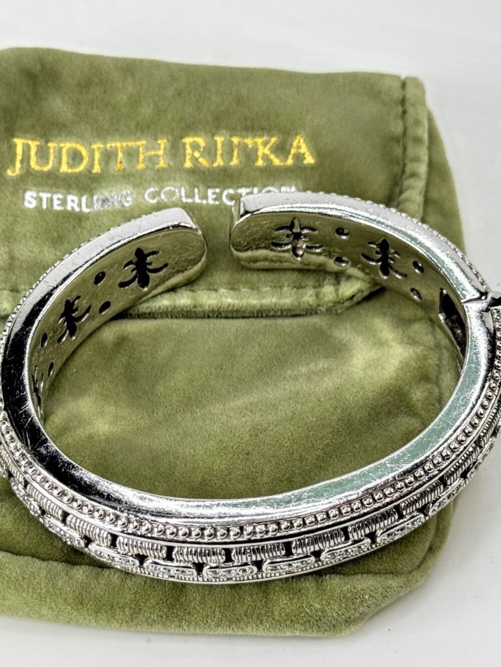 Judith Ripka Sterling Silver CZ Basket Weave Hinged Cuff Bracelet 70.2g JR2089
